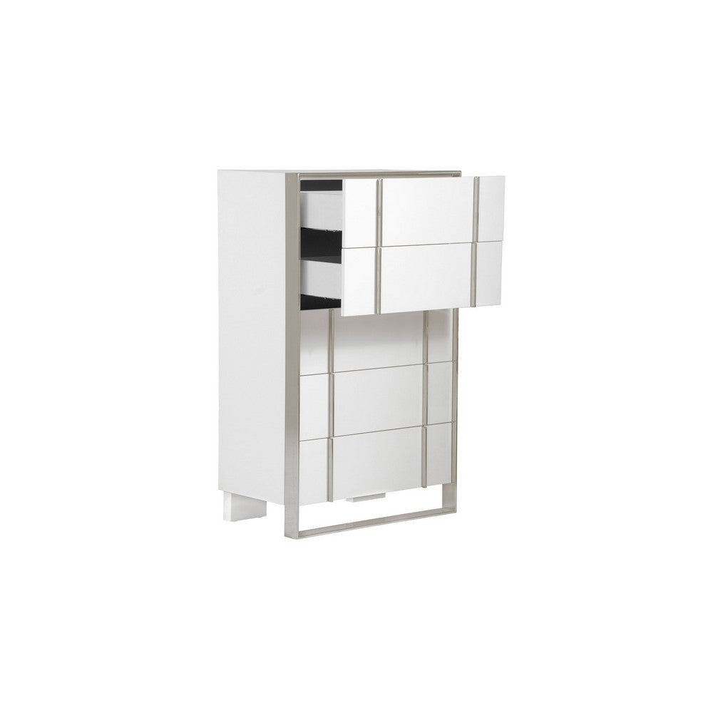 Cid Xato Tall Dresser Chest | Glossy White Wood & Steel | 5 Drawers | 55’’ BM338259