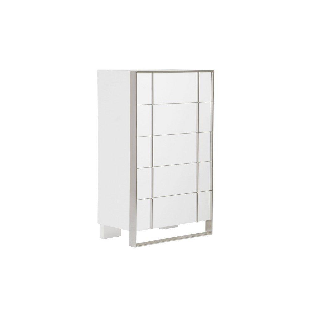 Cid Xato Tall Dresser Chest | Glossy White Wood & Steel | 5 Drawers | 55"