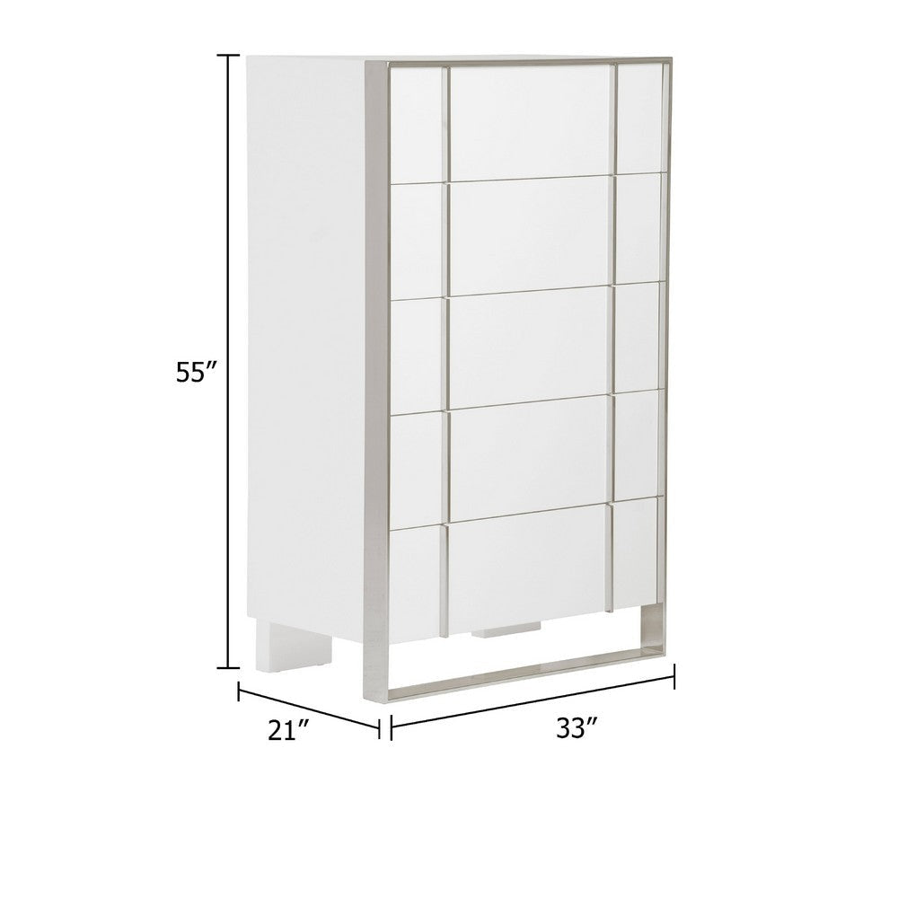 Cid Xato Tall Dresser Chest | Glossy White Wood & Steel | 5 Drawers | 55’’ BM338259