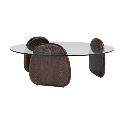 Cid 43" Round Coffee Table | Dark Walnut Brown Wood | Glass Top