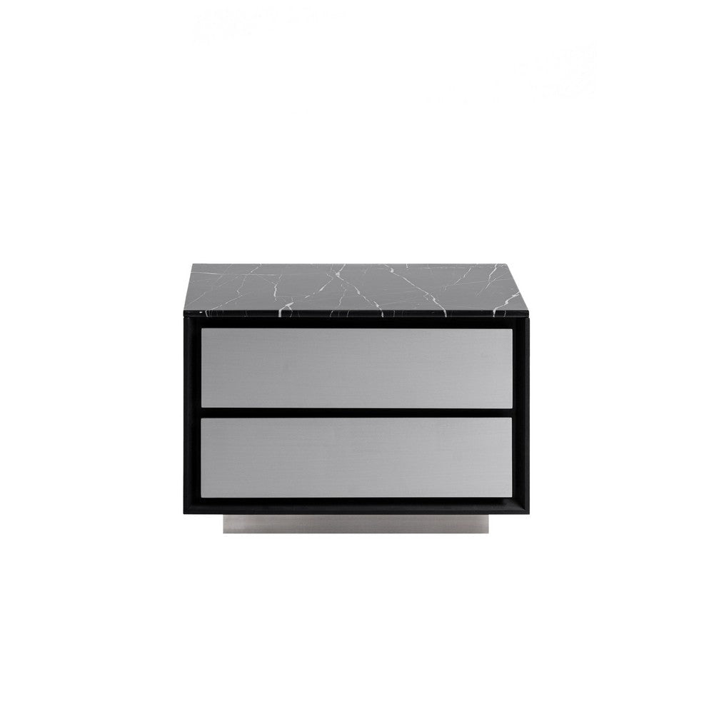 Cid Cord Nightstand | Black Marble | Silver Drawers and Plinth Base | 28’’ BM338270