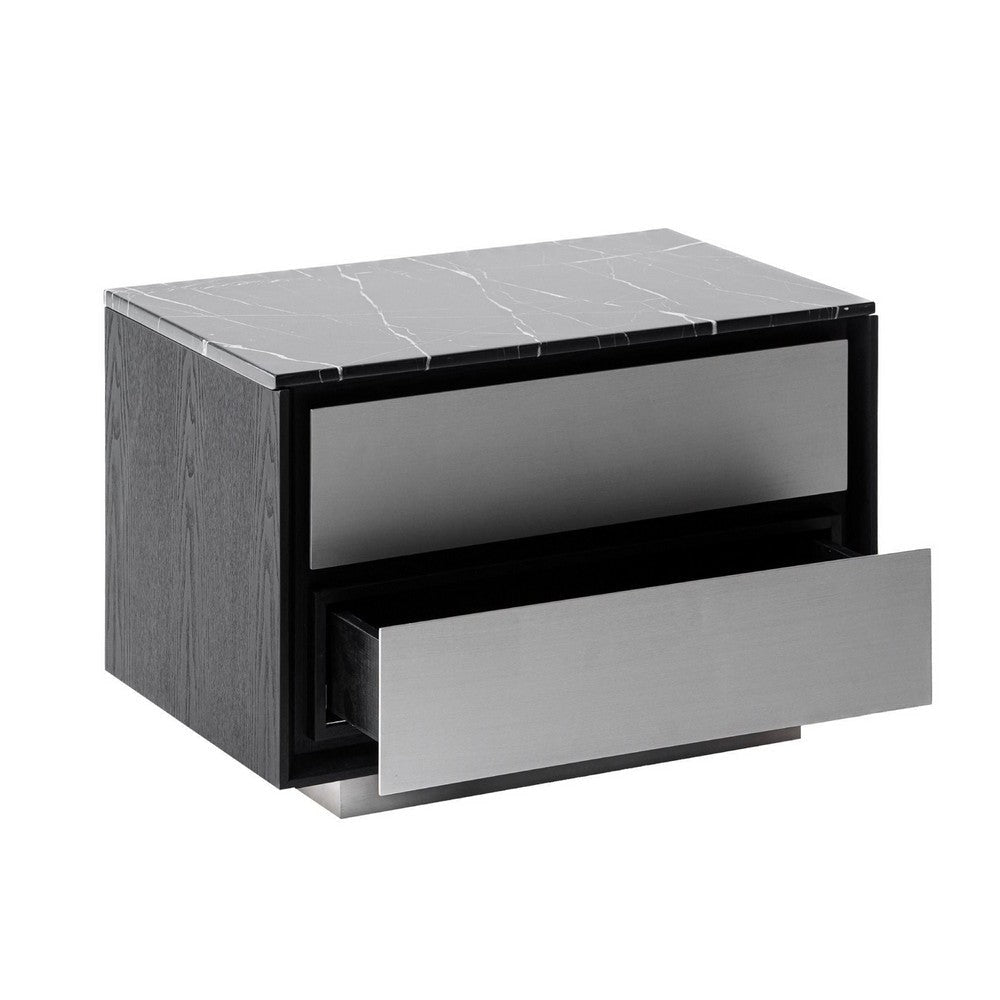Cid Cord Nightstand | Black Marble | Silver Drawers and Plinth Base | 28’’ BM338270