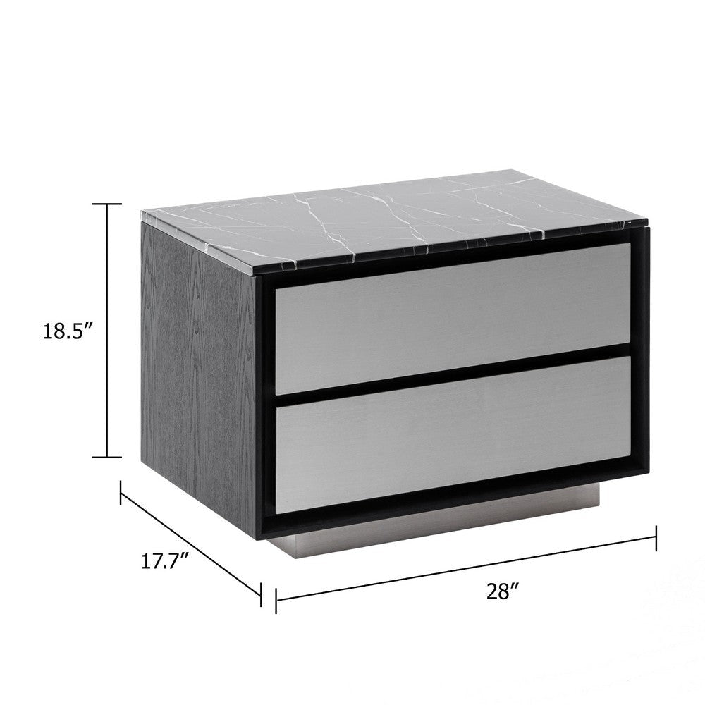 Cid Cord Nightstand | Black Marble | Silver Drawers and Plinth Base | 28’’ BM338270