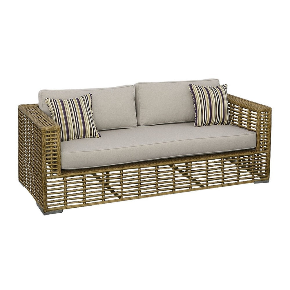 Toya Outdoor Sofa | 2 Pillows | Beige Rattan | Metal Frame | 77"