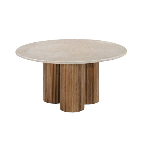 Cid Den Coffee Table | Brown Wood | Round Botticino Marble Top | 27"