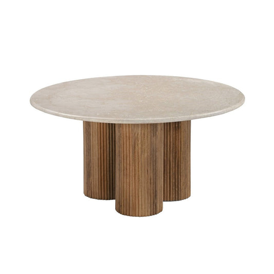 Cid Den Coffee Table | Brown Wood | Round Botticino Marble Top | 27"