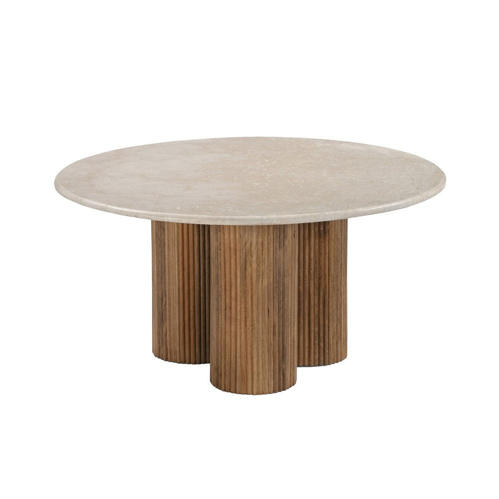 Cid Den Coffee Table | Brown Wood | Round Botticino Marble Top | 27"