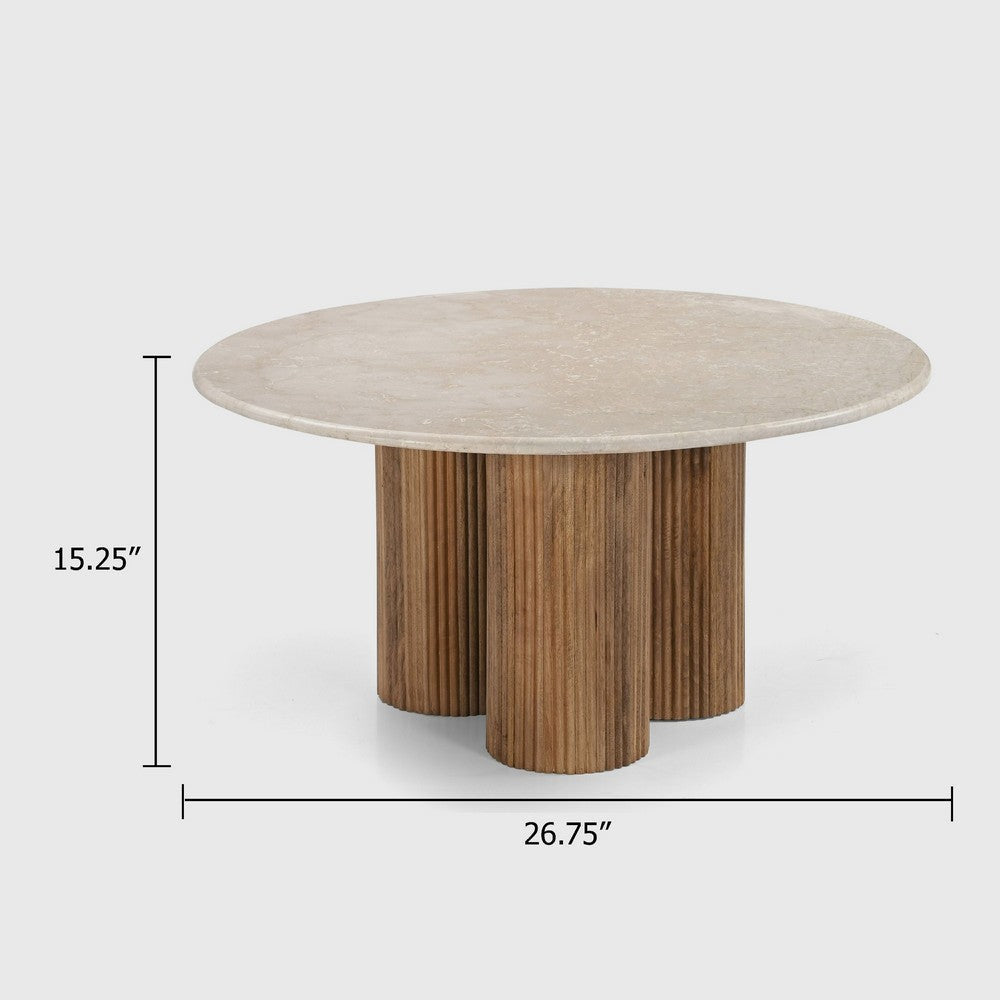 Cid Den Coffee Table | Brown Wood | Round Botticino Marble Top | 27’’ BM338275
