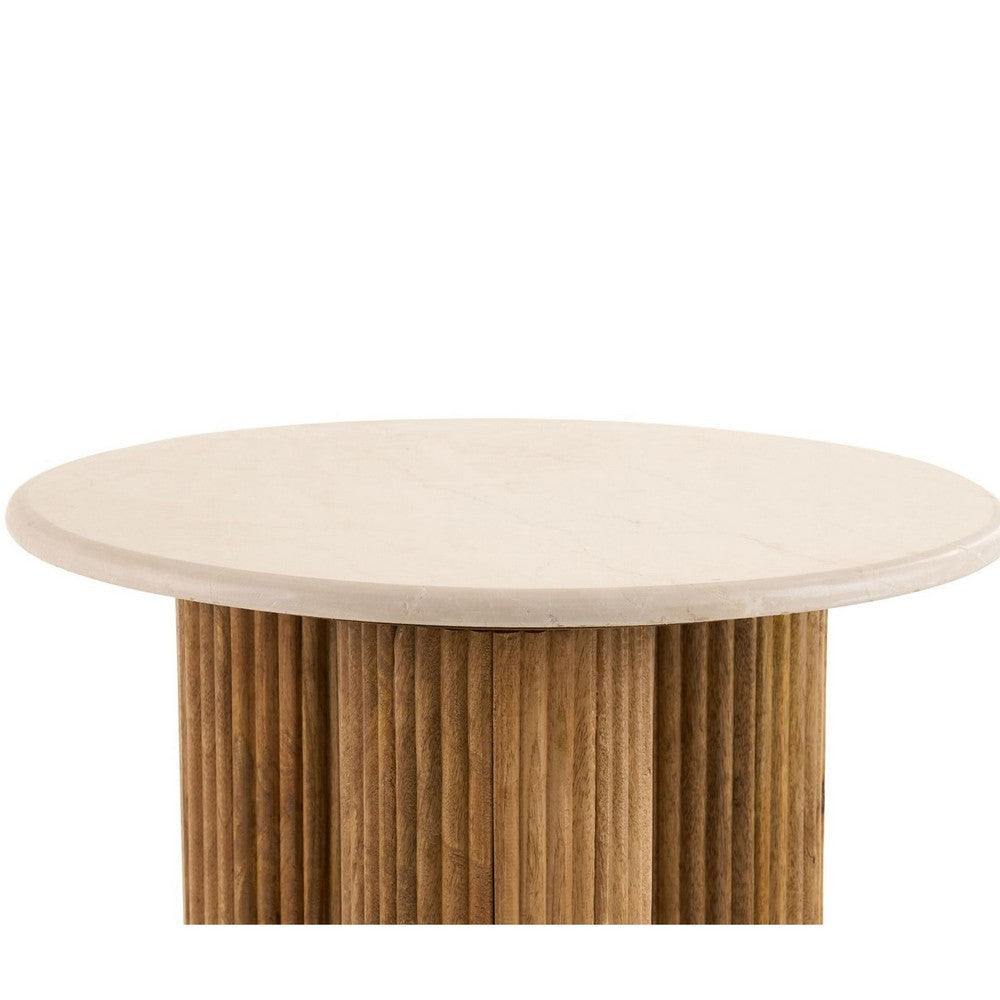 Cid Den End Table | Brown Wood | Round Botticino Marble Top | 20’’ BM338276