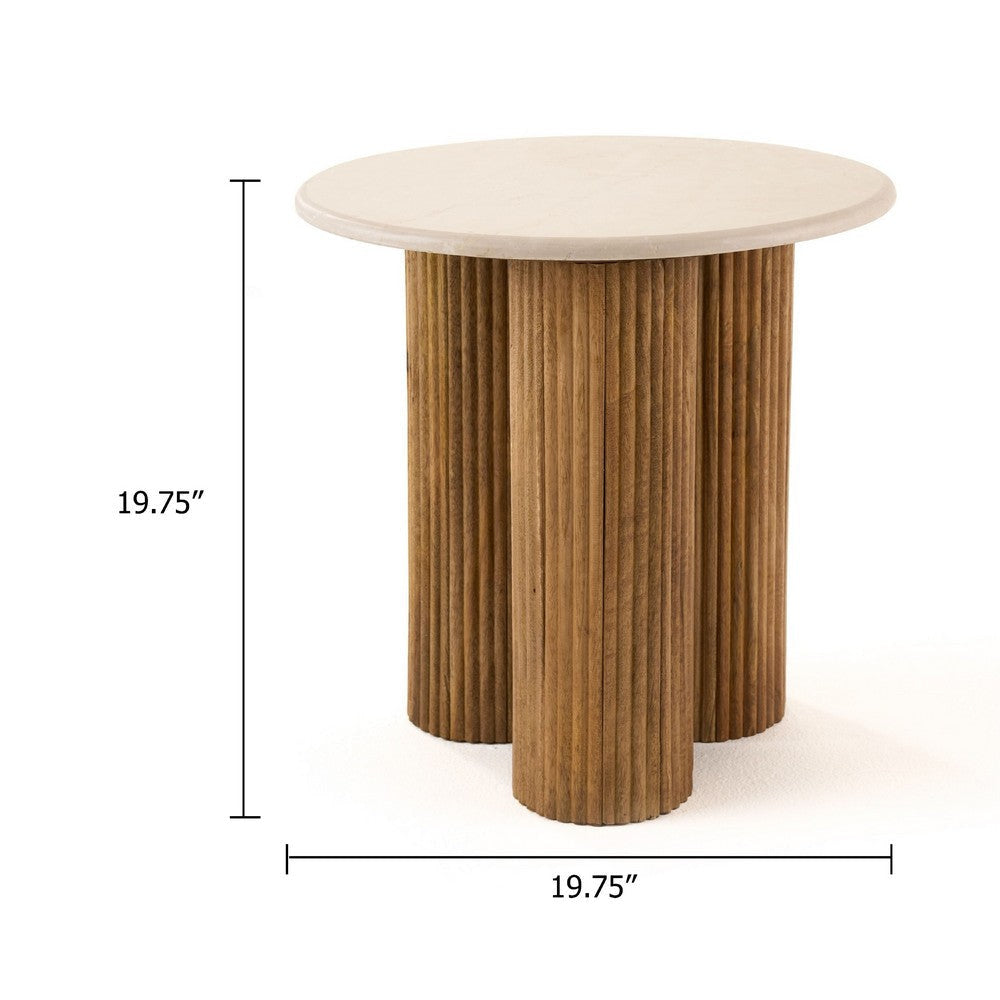Cid Den End Table | Brown Wood | Round Botticino Marble Top | 20’’ BM338276