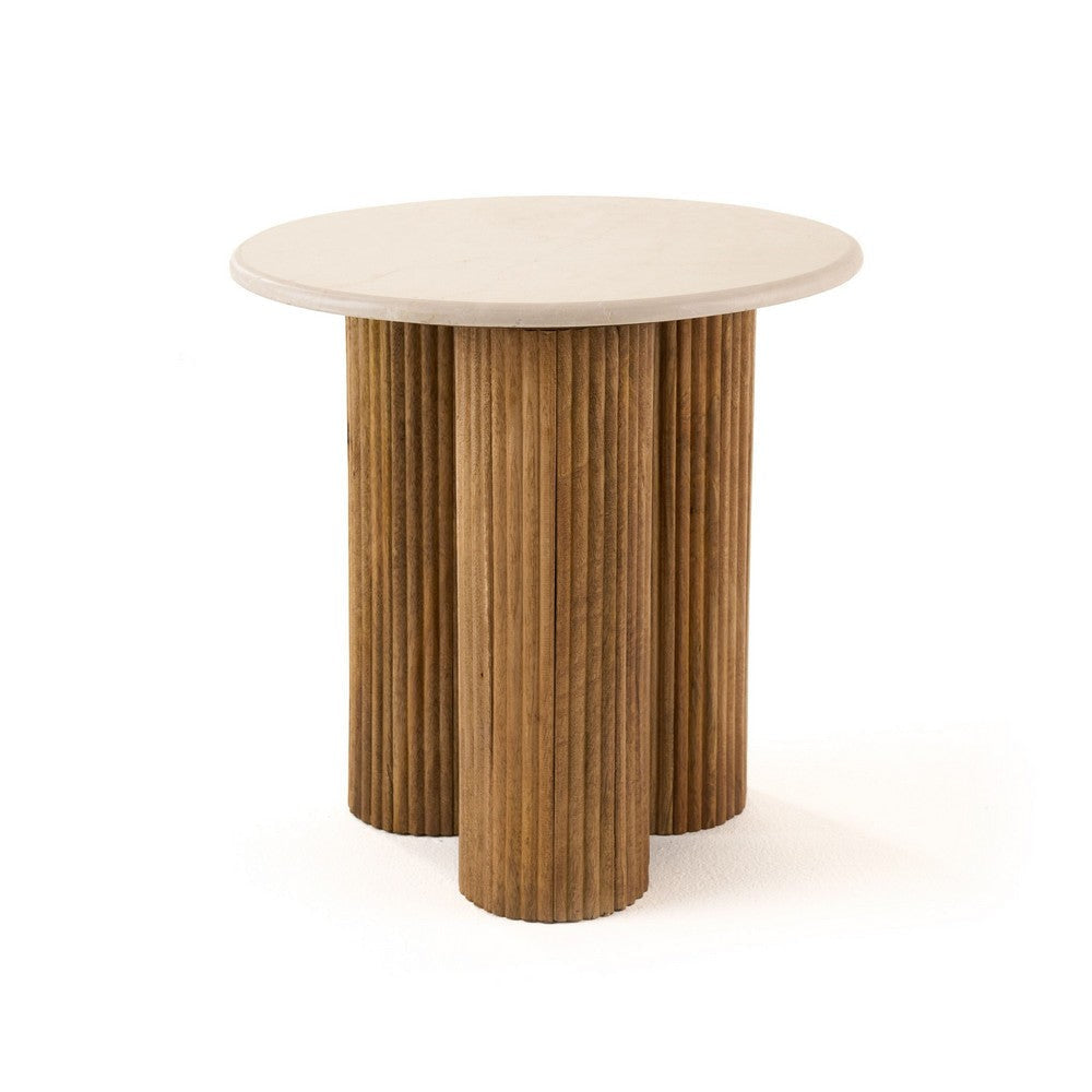 Cid Den End Table | Brown Wood | Round Botticino Marble Top | 20"