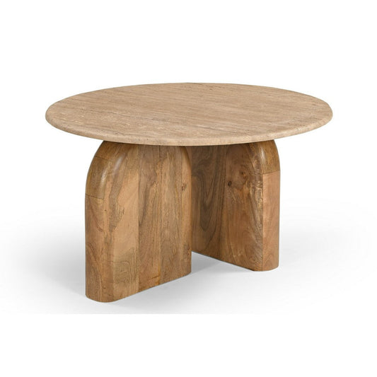 Cid Elis End Table | Beige Marble | Solid Wood Frame | Round 30" Top