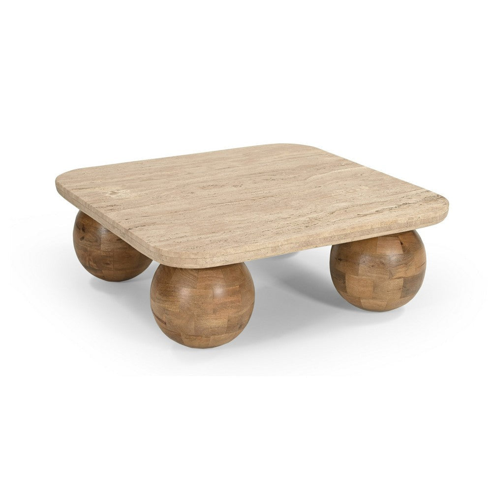 Cid Drift Coffee Table | Square 36" Beige Marble Top | Brown Solid Wood