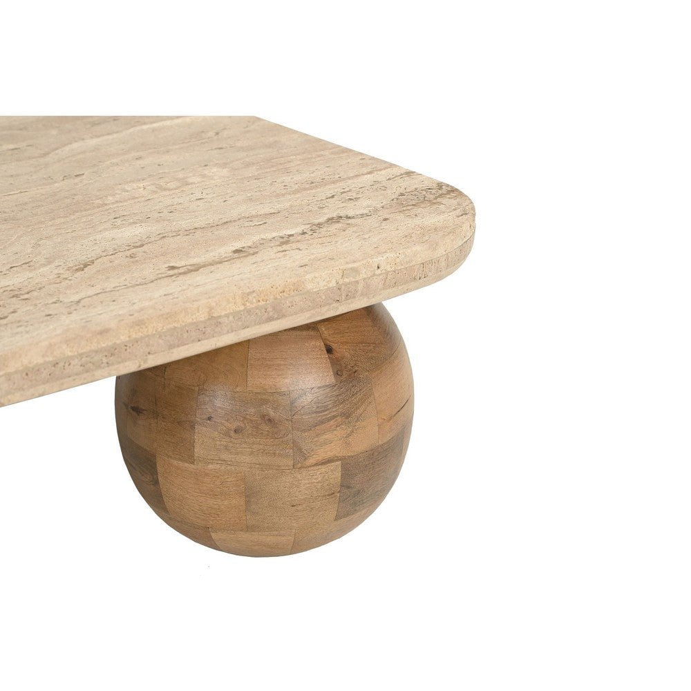 Cid Drift Coffee Table | Square 36’’ Beige Marble Top | Brown Solid Wood BM338281