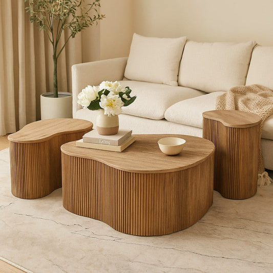 Cid Ata Coffee Table Set of 3 | Beige Marble | Artisan Solid Mango Wood