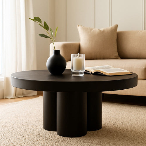 Cid Run Coffee Table | Abstract Black Concrete Base | Round 30" Top