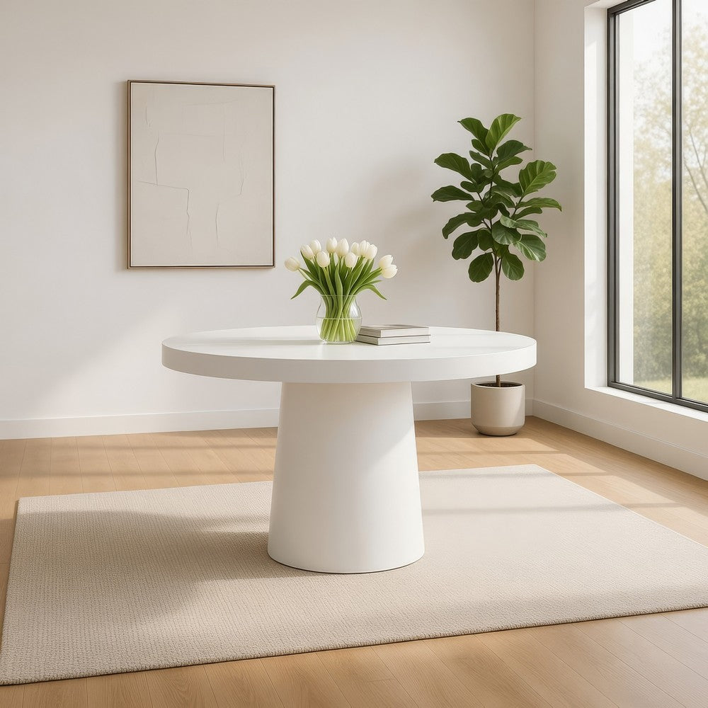 Cid Deso Dining Table | White Concrete Tapered Base | Round 43" Top