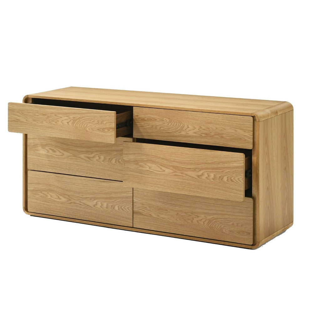 Aki 59’’ Wide Dresser | 6 Drawers | Natural Brown Rubberwood and Veneer BM338299