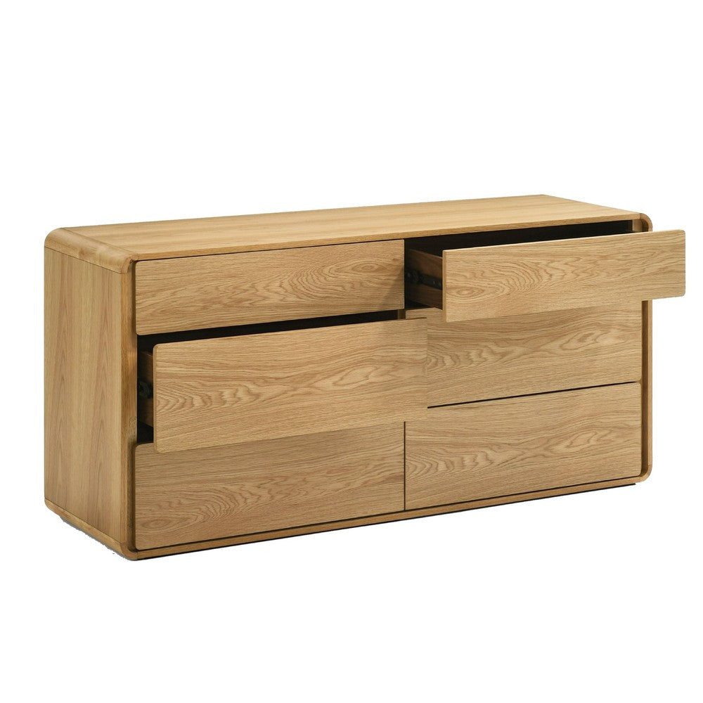 Aki 59’’ Wide Dresser | 6 Drawers | Natural Brown Rubberwood and Veneer BM338299