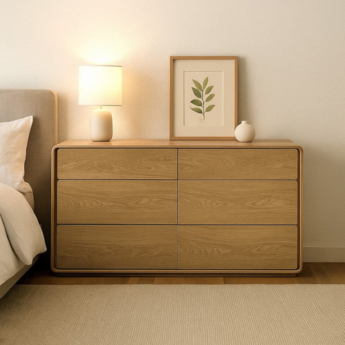Aki 59" Wide Dresser | 6 Drawers | Natural Brown Rubberwood and Veneer
