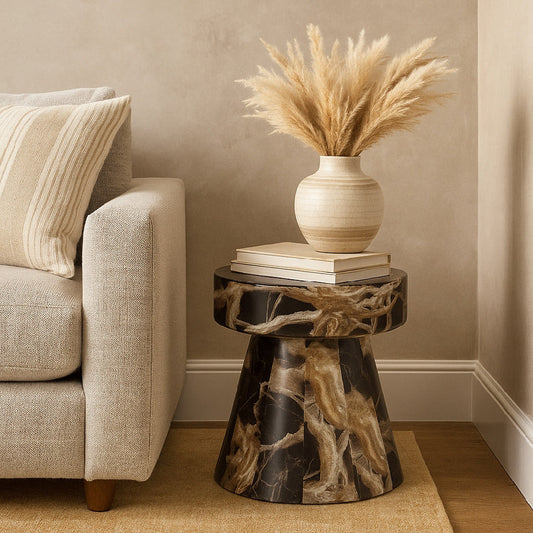 Cid Ria End Table Set of 2 | Brown-White Faux Marble | Pedestal Base