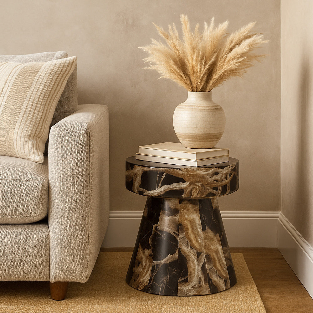 Cid Ria End Table Set of 2 | Brown-White Faux Marble | Pedestal Base