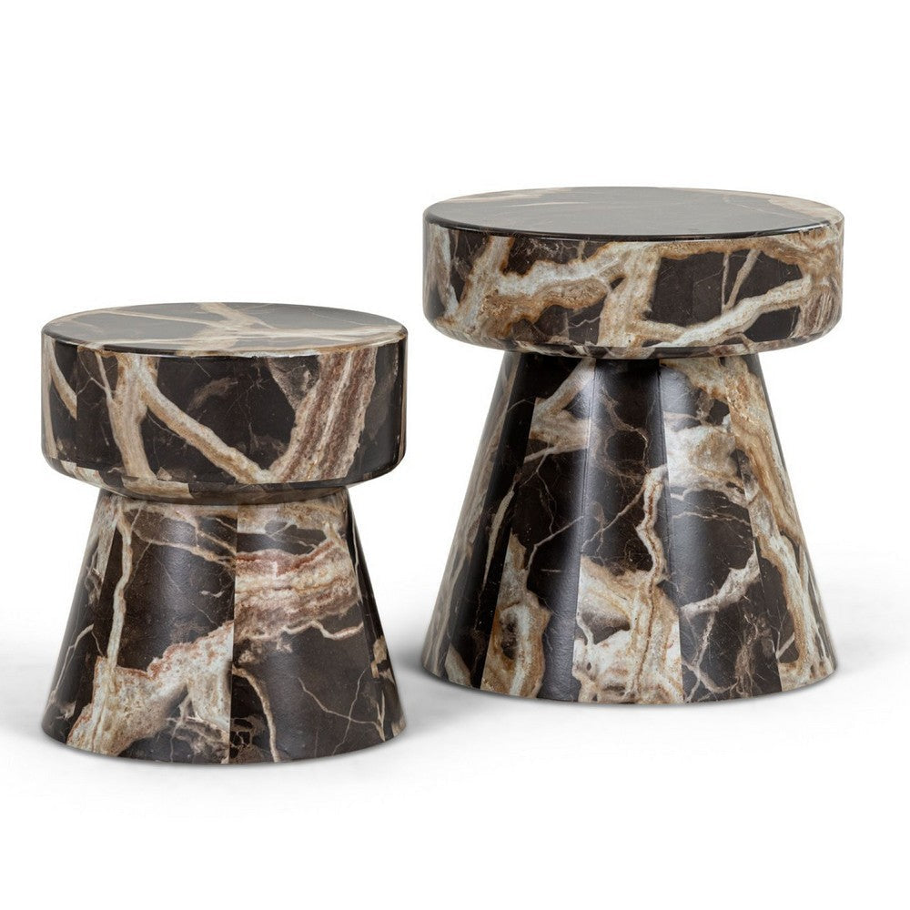 Cid Ria End Table Set of 2 | Brown-White Faux Marble | Pedestal Base