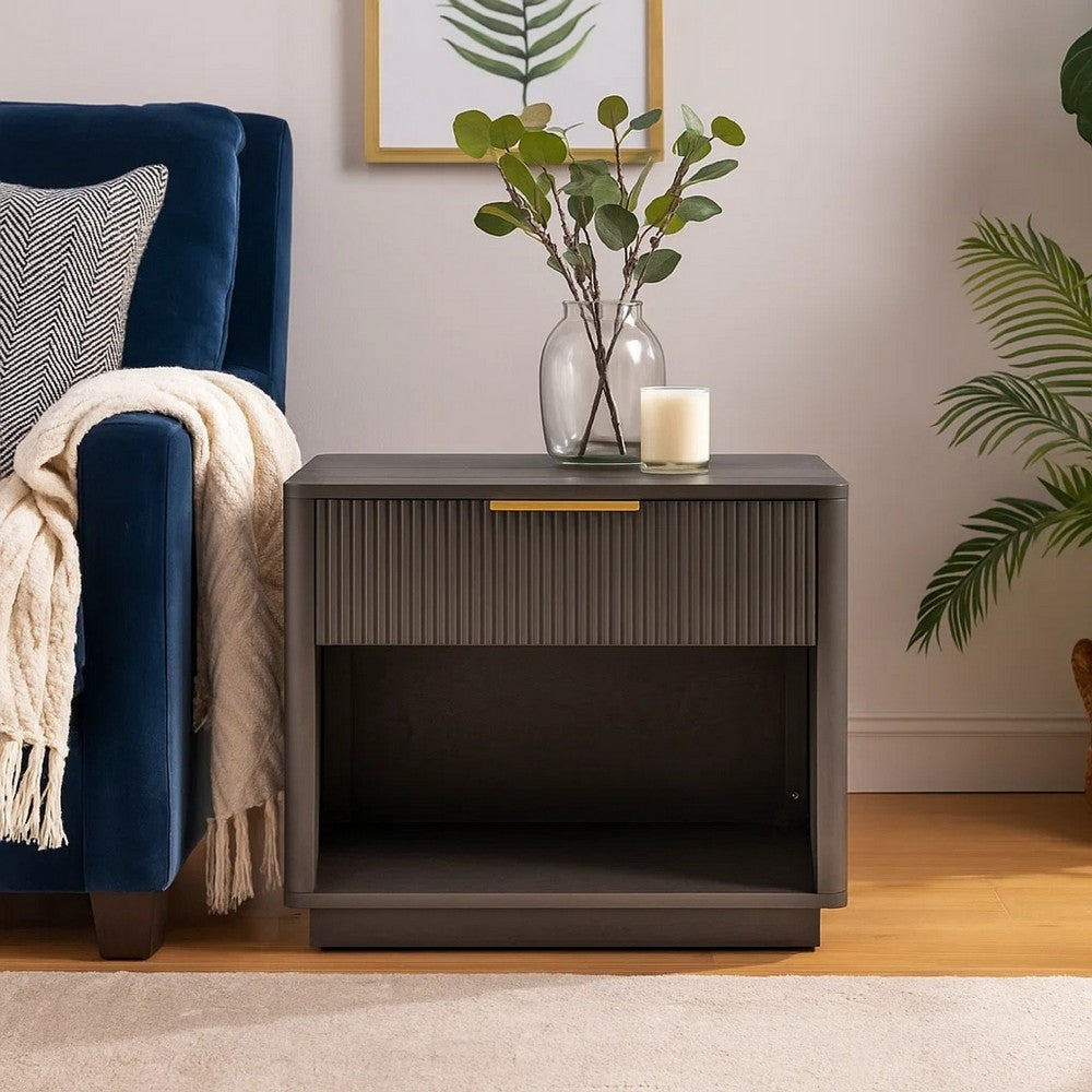 Noe Celia Nightstand | Retro Gray Rubberwood and Faux Wood | 32"