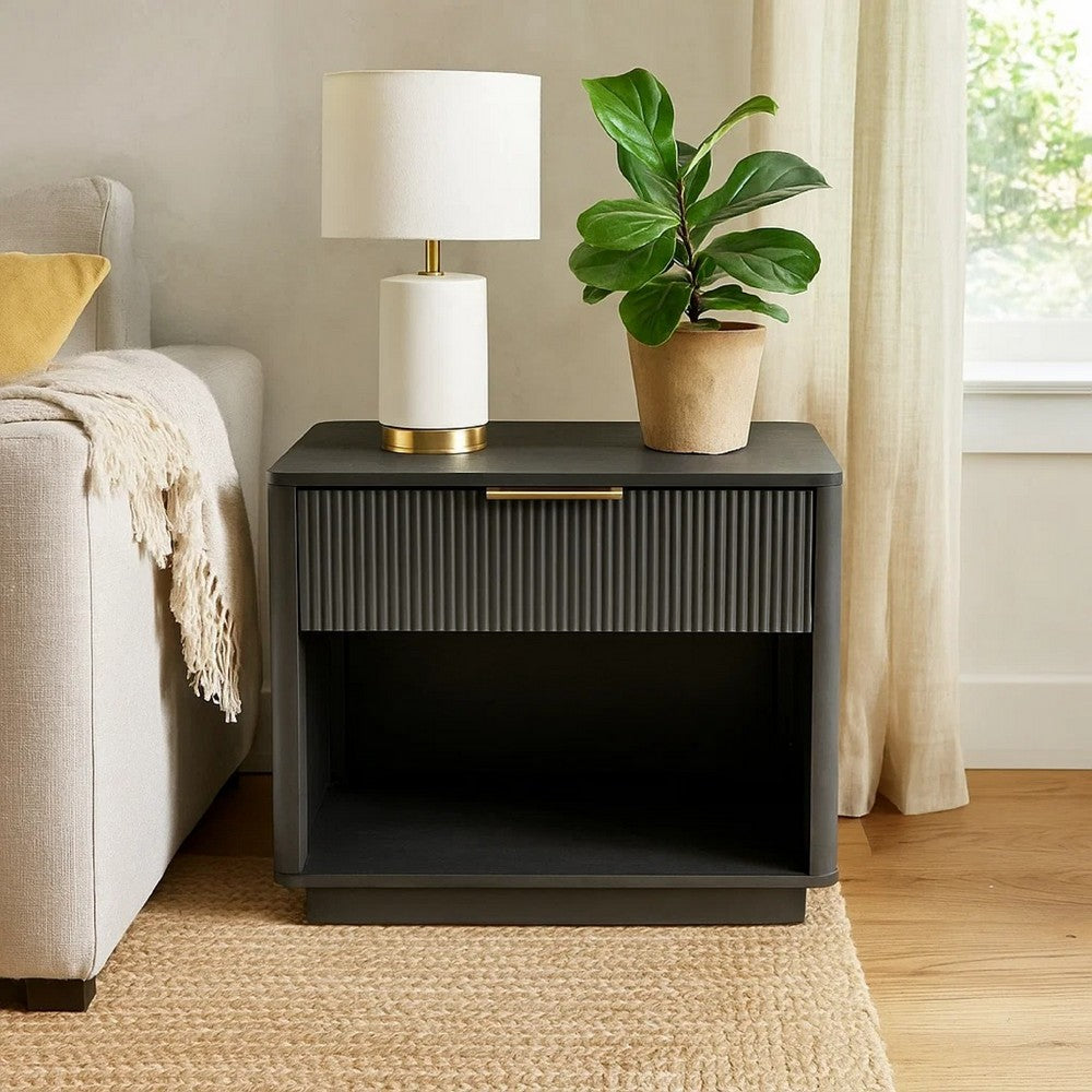 Noe Celia Nightstand | Retro Gray Rubberwood and Faux Wood | 32"