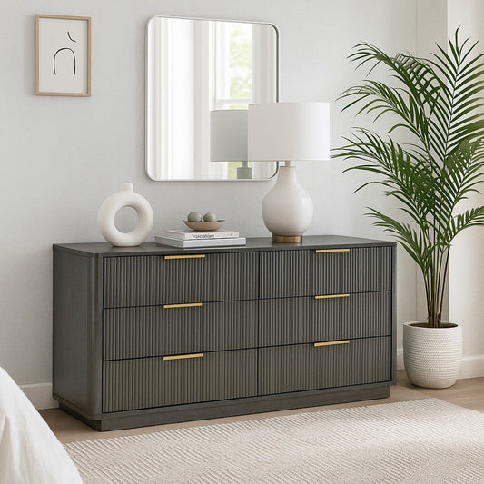 Noe Celia Wide Dresser | 6 Drawers Retro Luxe Gray Rubberwood