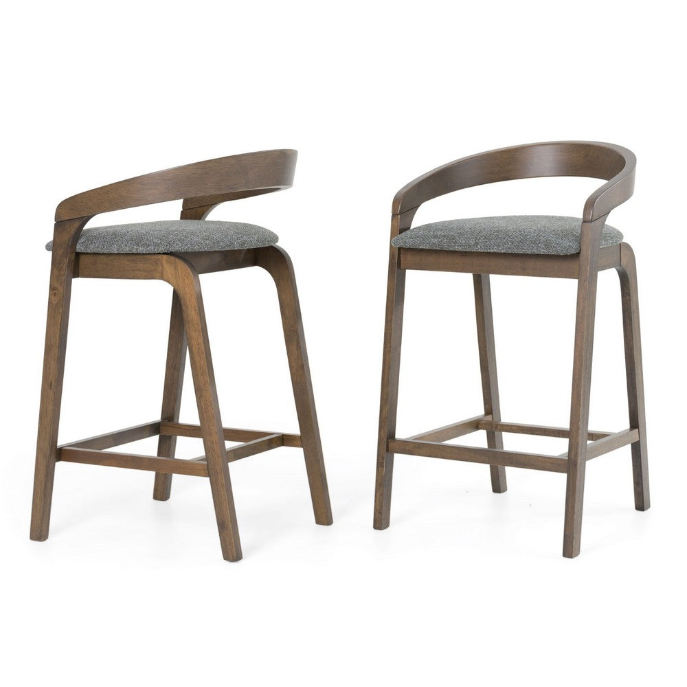 Cid Lenn Counter Stool Chair Set of 2 | Gray Fabric | Curved Brown Rubberwood