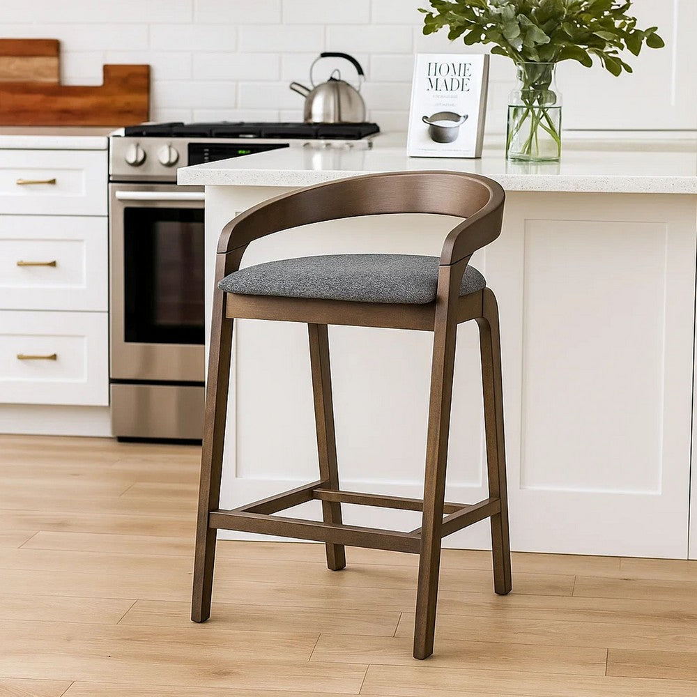 Cid Lenn Counter Stool Chair Set of 2 | Gray Fabric | Curved Brown Rubberwood