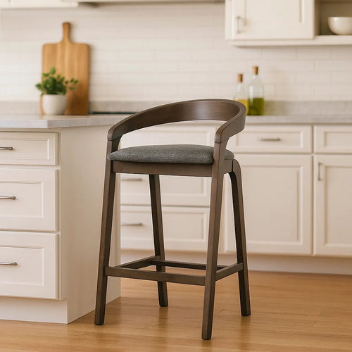 Cid Lenn Counter Stool Chair Set of 2 | Gray Fabric | Curved Brown Rubberwood