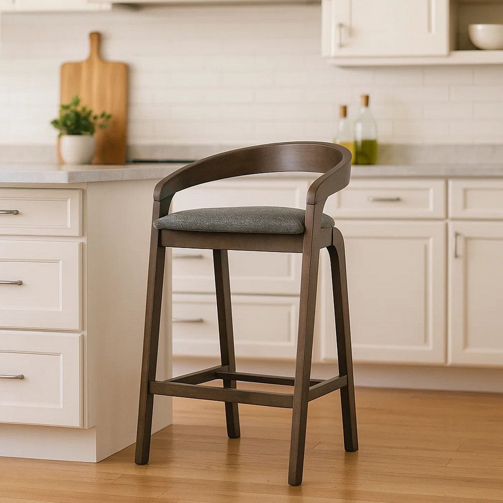 Cid Lenn Counter Stool Chair Set of 2 | Gray Fabric | Curved Brown Rubberwood