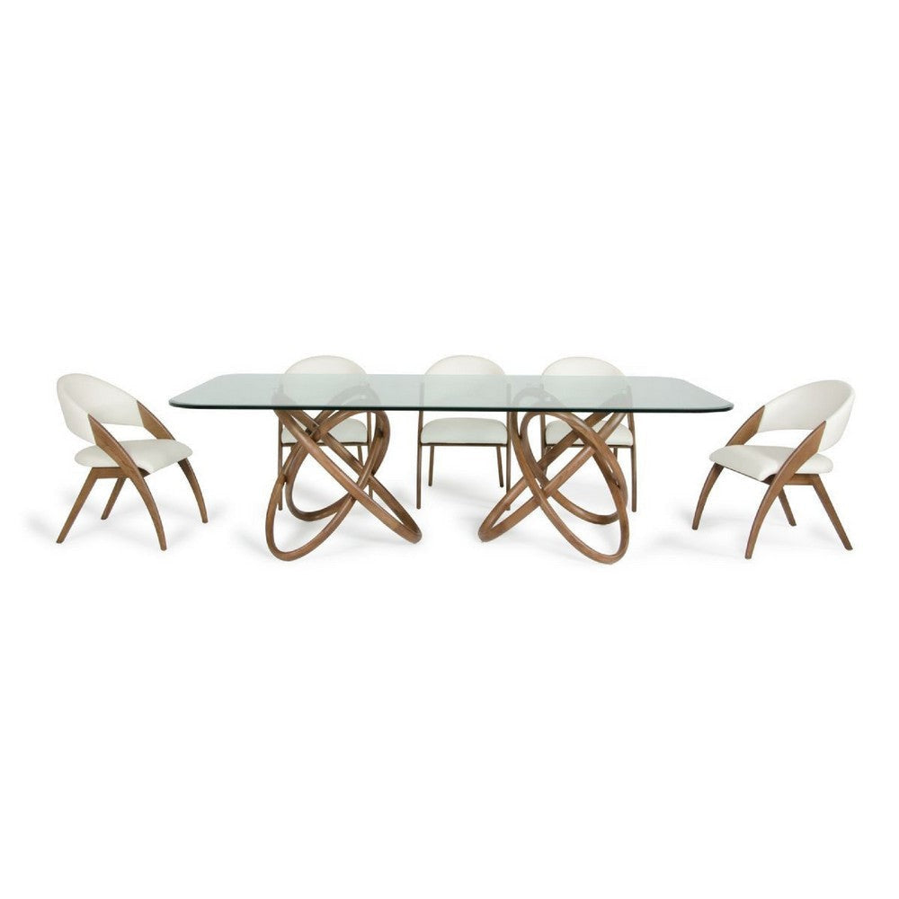 Cid Moji 9pc Glass Dining Table Set | Walnut Wood | 8 Cream Faux Leather Chairs BM338312
