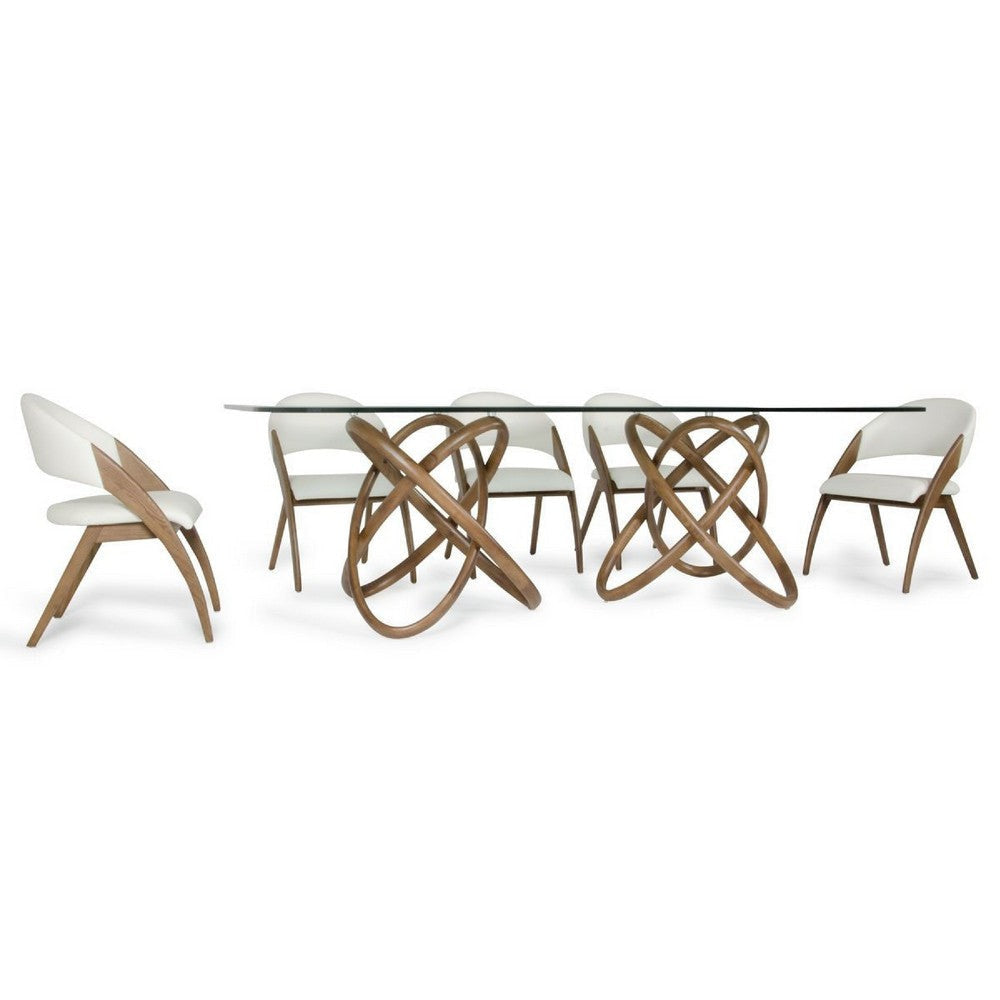 Cid Moji 9pc Glass Dining Table Set | Walnut Wood | 8 Cream Faux Leather Chairs BM338312