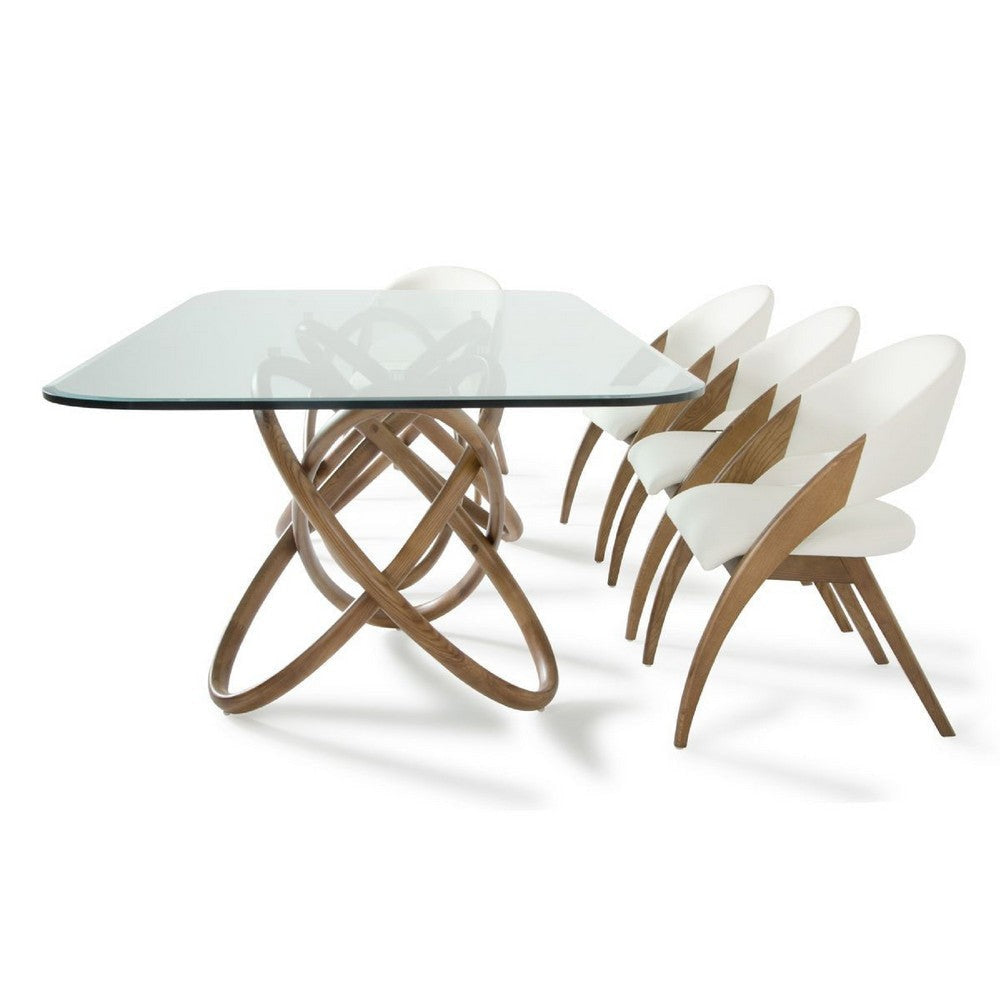 Cid Moji 9pc Glass Dining Table Set | Walnut Wood | 8 Cream Faux Leather Chairs BM338312