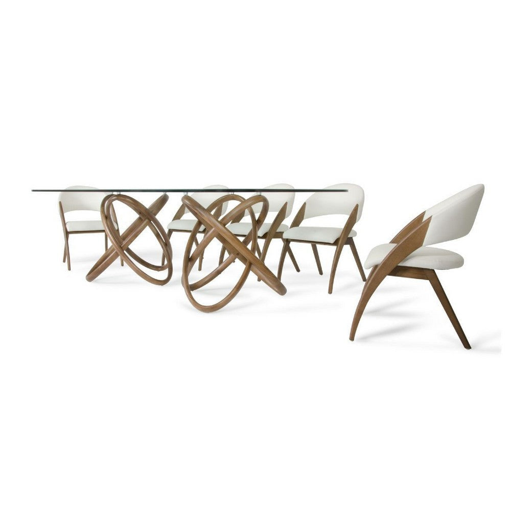Cid Moji 9pc Glass Dining Table Set | Walnut Wood | 8 Cream Faux Leather Chairs