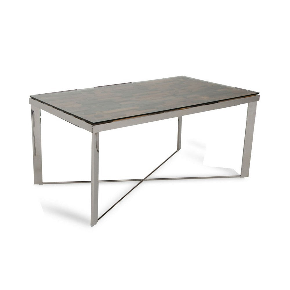 Cid Tiha Dining Table | Reclaimed Ship Wood and Glass Top | 64" Brown