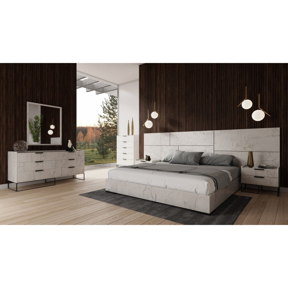 Noe 3pc Queen Size Bed Set | White Faux Marble Finish | Panel Design