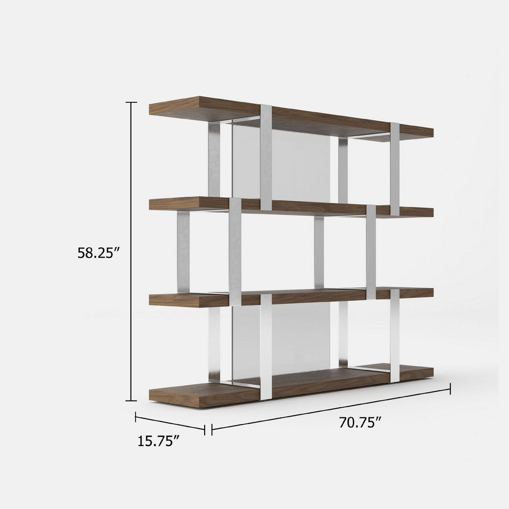 Cid Brow 4 Tier Bookshelf | 71’’ Stainless Steel w Glass Panel Back | Brown BM338315