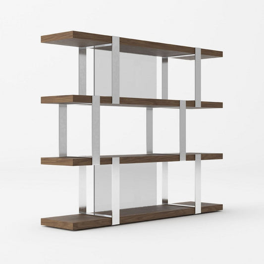 Cid Brow 4 Tier Bookshelf | 71" Stainless Steel w Glass Panel Back | Brown