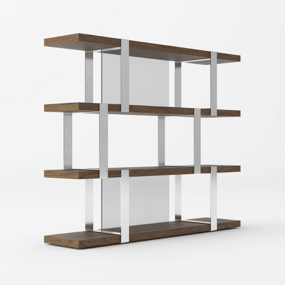 Cid Brow 4 Tier Bookshelf | 71" Stainless Steel w Glass Panel Back | Brown