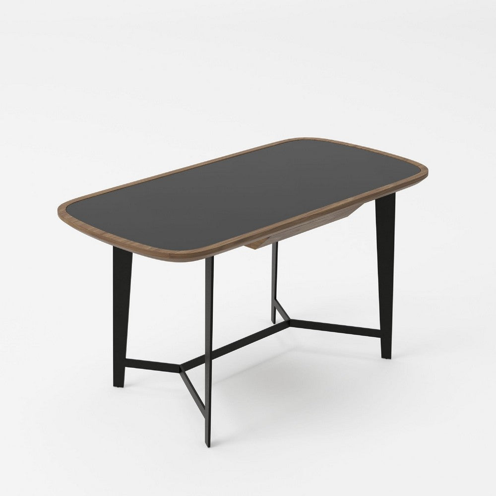 Writing Desk | 55’’ | Brown Veneer | Black Glass Insert Top | Steel Base BM338317