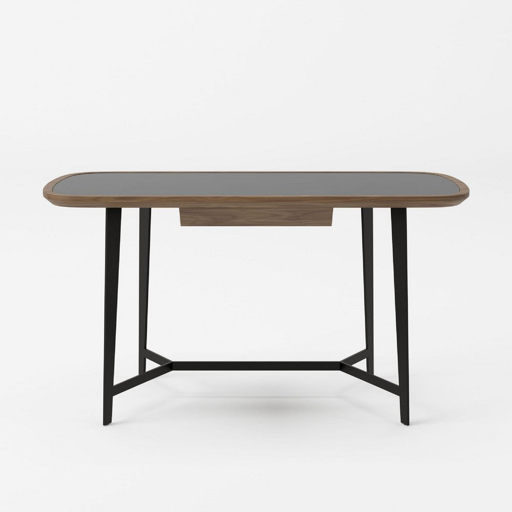 Writing Desk | 55’’ | Brown Veneer | Black Glass Insert Top | Steel Base BM338317