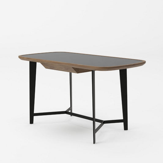 Writing Desk | 55" | Brown Veneer | Black Glass Insert Top | Steel Base