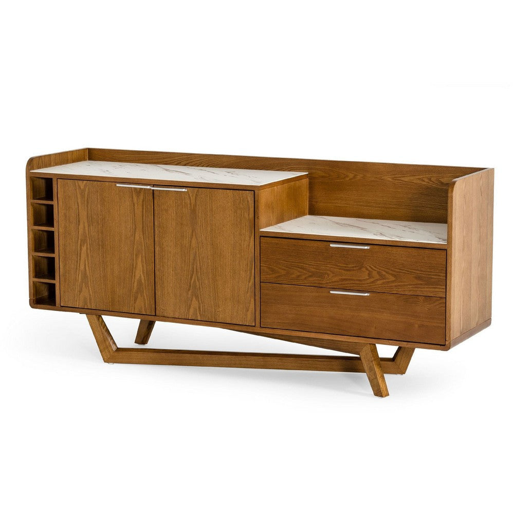 Cid Jamu Sideboard Buffet Bar 71 Inch Walnut Brown White w 5 Wine Slots BM338322