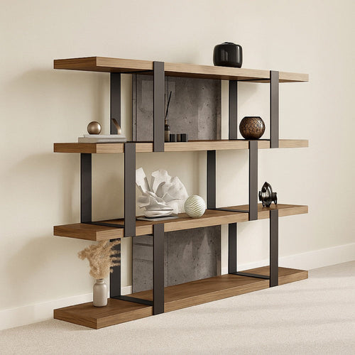 Cid Brow 4 Tier Bookshelf | Black Stainless Steel w Glass Back | 71"