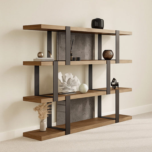 Cid Brow 4 Tier Bookshelf | Black Stainless Steel w Glass Back | 71"