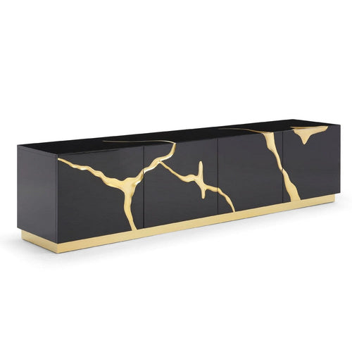 Cid Exie TV Stand Console | Modern Black with Gold Vein Design | 87"